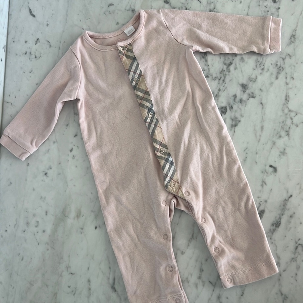 Burberry baby 3 month pale pink onesie. Iconic plaid detail.